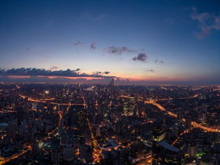 Aerial view of business area and cityscape in the dawn, West Nanjing Road, Jing` an district, Shanghai