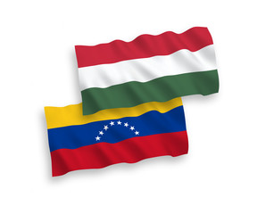 National vector fabric wave flags of Venezuela and Hungary isolated on white background. 1 to 2 proportion.