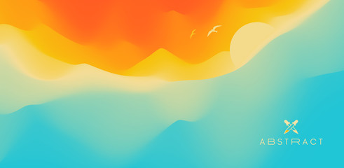 Seascape with sun. Sunset.  Can be used as a greeting card. Vector illustration.