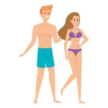 young couple with swimsuit avatars characters