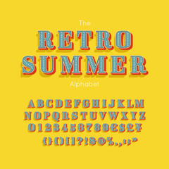 Vector summer font and alphabet. Retro vintage numbers and letters for banner or poster design