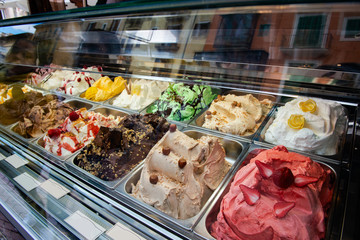 Great choice of ice cream. Italian gelateria. Ice-cream cafe, show window with sweeties.