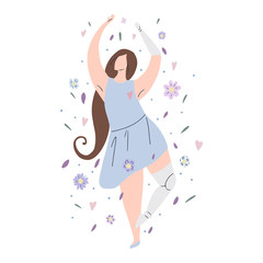Beautiful girl dancing in flowers with prosthetic arm and leg. Modern flat illustration of a strong self sufficient woman for postcards, articles and banners. Self love and body positive