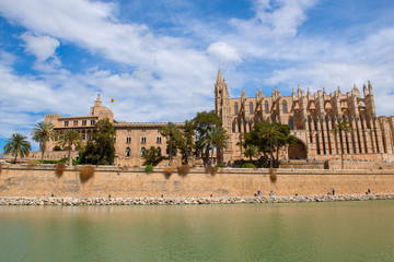 Panoramic view of La Seu, the gothic medieval cathedral of Palma de Mallorca, Spain.