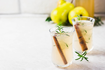 Spiced fermented cinnamon ginger kombucha. Selective focus, space for text.