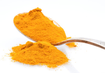 Curcuma powder in metal spoon closed up isolated on white