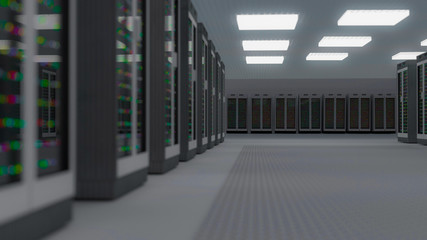 Server room data center. Backup, hosting, mainframe, farm and computer rack with storage information. 