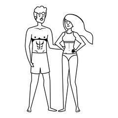 young couple with swimsuit avatars characters
