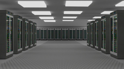 Fototapeta premium Server room data center. Backup, hosting, mainframe, farm and computer rack with storage information. 