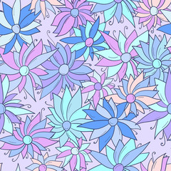 Seamless pattern background with different abstract flowers. Chamomile, aster