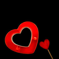 Red heart cup with wooden homemade hearts and coffee. Black background. Valentine day concept