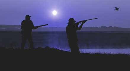 Silhouette of a hunter with a gun in the reeds against the sun, an ambush for ducks with dogs	