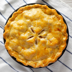 Homemade apple pie on cloth, view from above. Flat lay, overhead, top view. Close-up. © Liudmyla