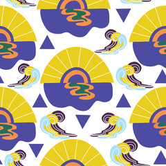 Sun, water and waves, in a groovy seamless pattern