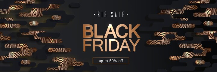 Black Friday sale vector banner, abstract golden background, Ads sign