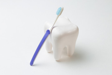 White tooth and colorful toothbrush on white background, dental care concept