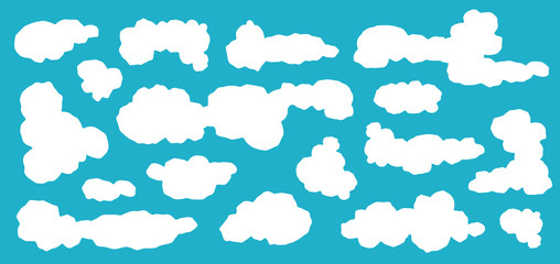 Cartoon Blue sky with clouds on the shiny day. Silhouette of white fluffy clouds isolated on blue background. Vector set  