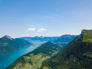 Panoramic aerial view of the lake Lucerne (Vierwaldstatersee), Rigi mountain and Swiss Alps in the background near famous Lucerne (Luzern) city, Switzerland - Immagine