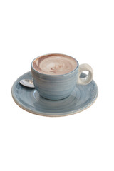 Hot chocolate in a blue ceramic cup on white background. 