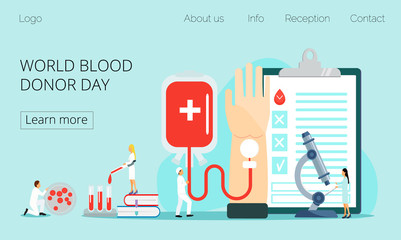 World blood donor day concept vector with tiny doctor, blood donation. Medical illustration on June 14. It is for website, landing page, app, banner.