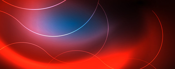 Trendy neon blue abstract design with waves and circles. Neon light glowing effect. Abstract digital background.