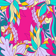 Seamless pattern background with abstract leaves and flowers. Hand drawn illustration