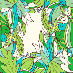Seamless pattern background with abstract leaves and flowers. Hand drawn illustration