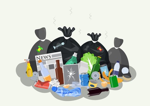 Garbage dump with rubbish bin for recycling. Different types of waste. Trash laying on the street. Pile of household trash. Vector illustration in flat style