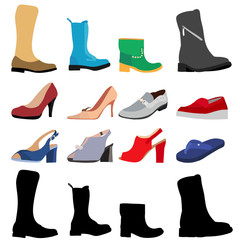 vector, isolated, set, collection, women shoes, boots, shoes