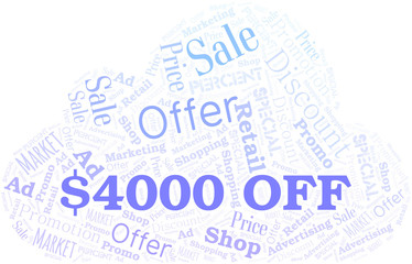 Obraz premium $4000 Off word cloud. Wordcloud made with text only.