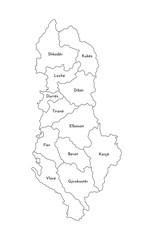 Vector isolated illustration of simplified administrative map of Albania. Borders and names of the regions. Black line silhouettes