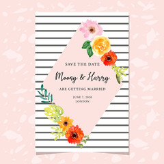 save the date card with floral frame and stripe background