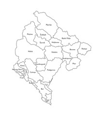 Vector isolated illustration of simplified administrative map of Montenegro. Borders and names of the regions. Black line silhouettes