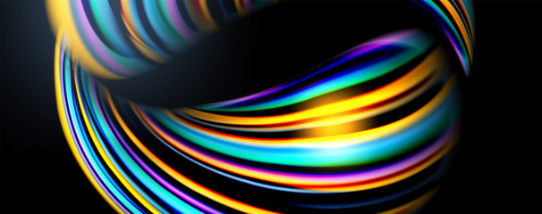 Fluid color rainbow style wave abstract background, techno modern design on black