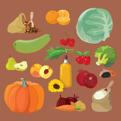 Vegetables, fruits, berries, cereals, oil