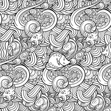 Sea creatures doodles vector seamless pattern. Black and white background with tropical fishes and octopus tentacles