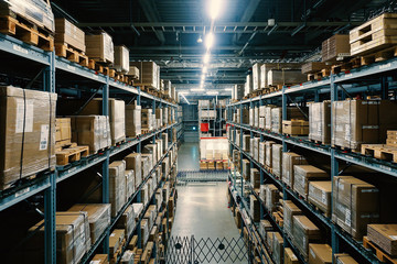 Large wharehouse with rows of shelves and goods boxes.