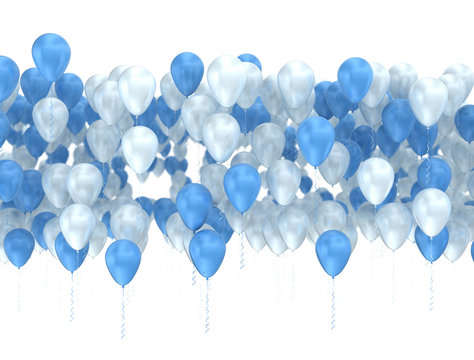 Blue and white balloons isolated. Celebration background, 3d render