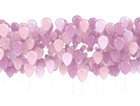 Flying pastel pink balloons on white background. 3d render