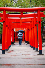 神社の雨に濡れた赤い建築物を歩く人