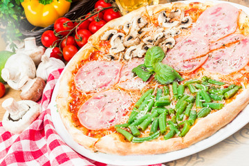 Composition with delicious pizza and ingredients close up