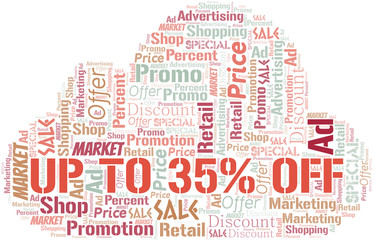 Fototapeta premium Up To 35% Off word cloud. Wordcloud made with text only.