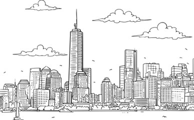 Line Art Vector Illustration of Modern Big City Background with Skyscrapers. Flat design Style