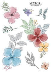 Set of colorful watercolor florals branch