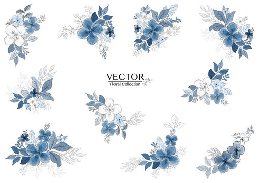 Set of beautiful blue watercolor florals branch