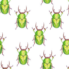 Raster colored illustration with seamless pattern of green may bugs. Bright tracery can be used as wrapping paper, fabric pattern.