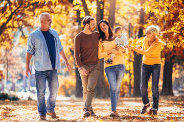 Multl generation family in autumn park having fun