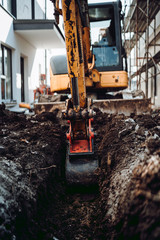 Industrial Excavator digging on construction site. Details of  construction industry