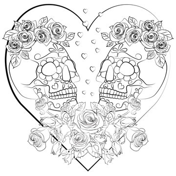 drawing for coloring with the image of the skull on the background of the heart