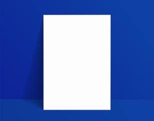 White poster mockup standing on the floor near blue wall. Blank Canvas Mockup for design. Vector illustration